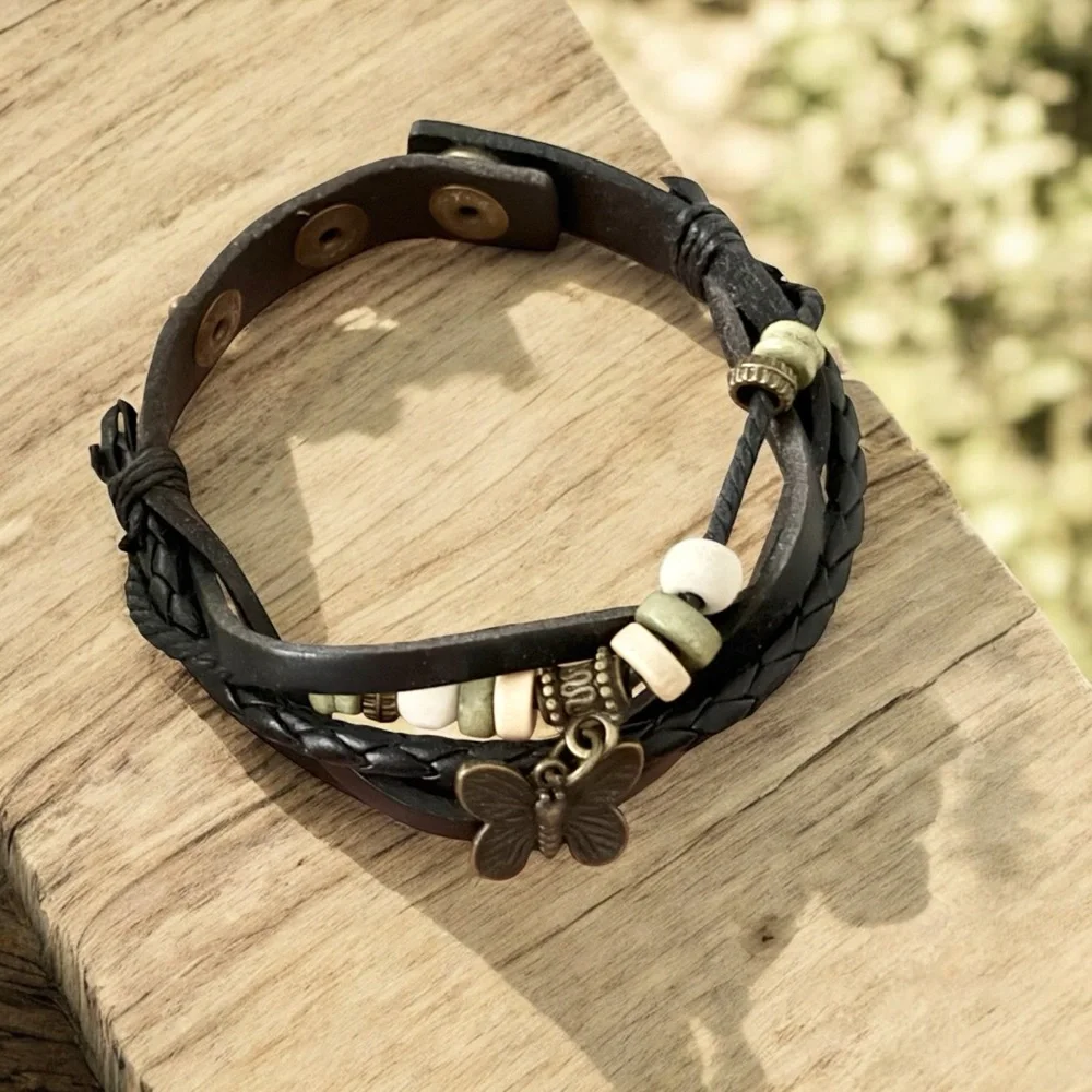 5 for $25!! Cute! Adjustable Butterfly Beads & Leather Bracelet 9”